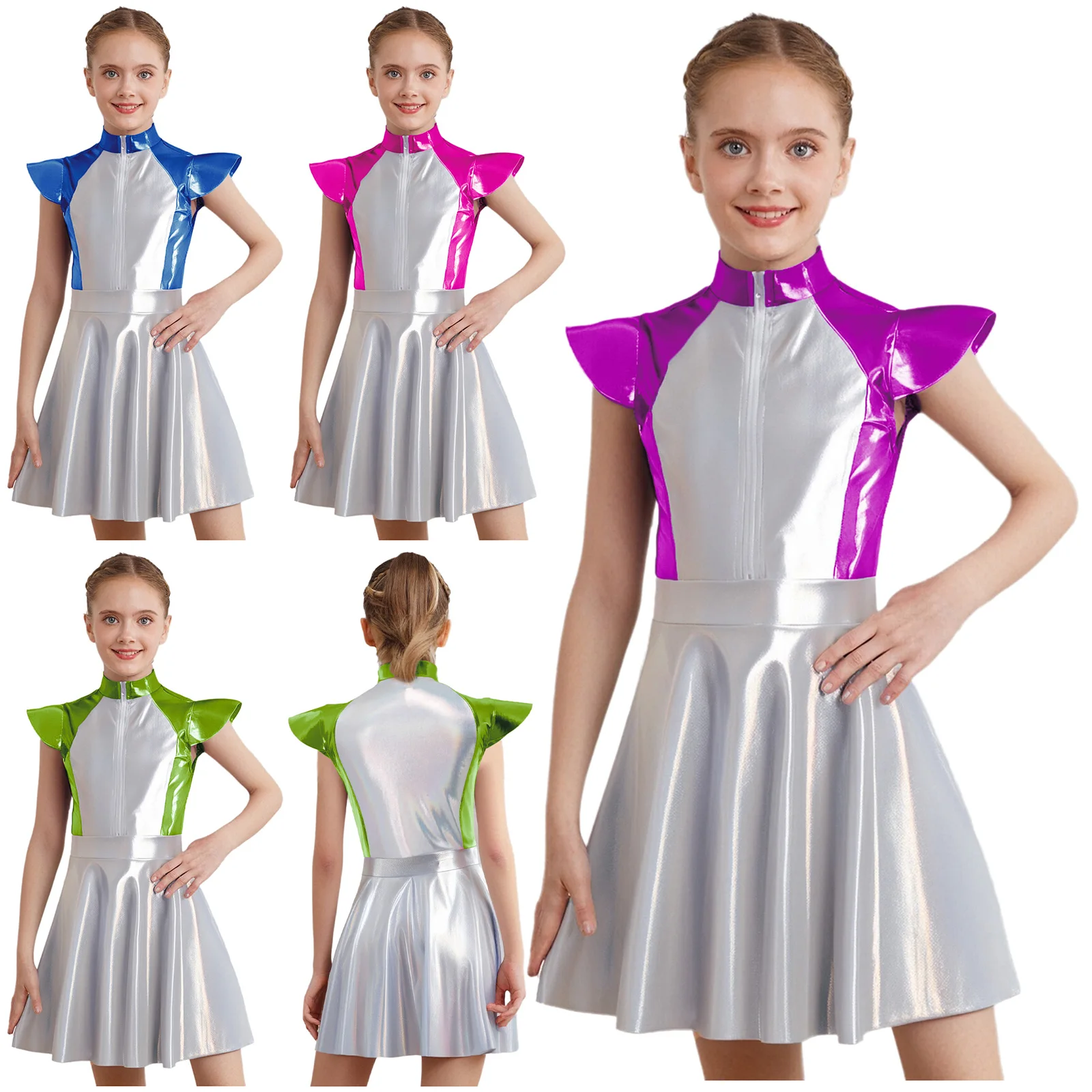 Costume da spettacolo cosplay per ragazze, metallizzato lucido, spazio esterno, carino, alieno, festa a tema di Halloween, robot, galassia, guerriero