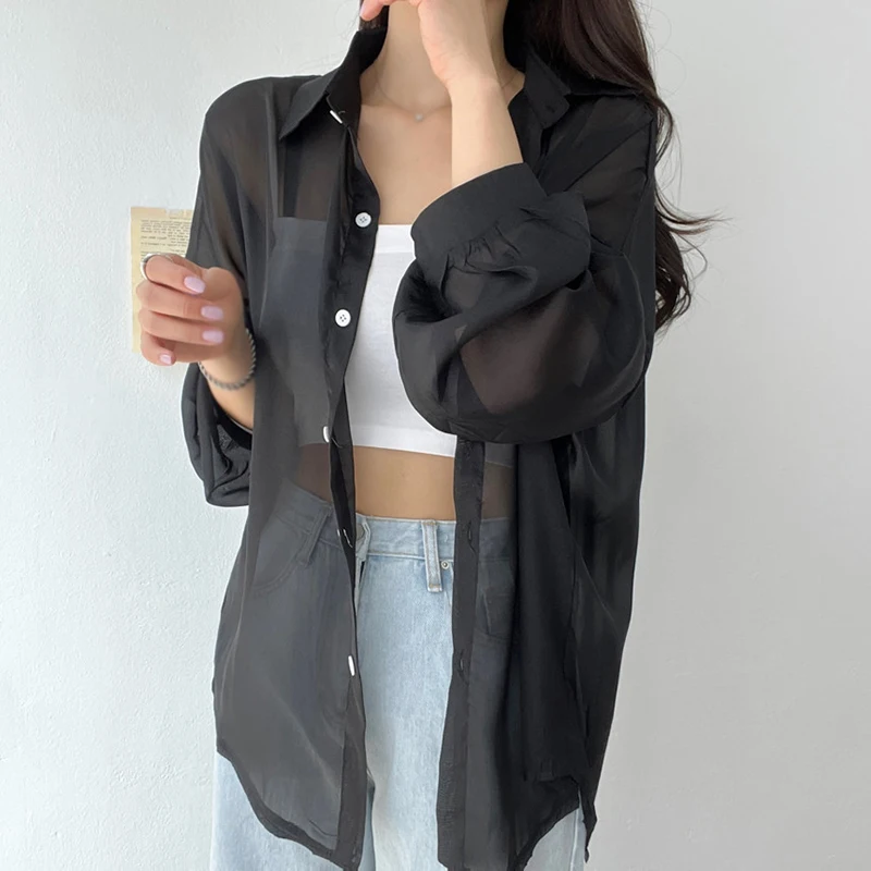 Women's Loose Fitting Long Sleeved Thin Sun Protection Shirt Chiffon Shirt Outerwear Spring Fall Shirt Top