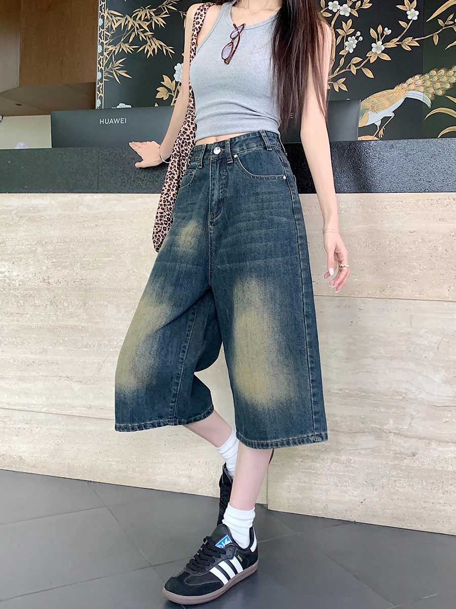 

plus Size Seven-Foot Denim orts Women Summer Vintage American Loose Slim High Waist Straight Leg Wide Leg Medium Pants
