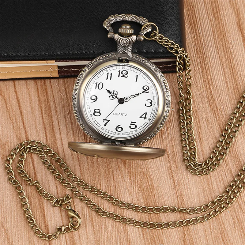 Retro Castle Timepiece Full Hunter Necklace Chain Quartz Pocket Watch for Men Women Sweater Pendant Arabic Number Display