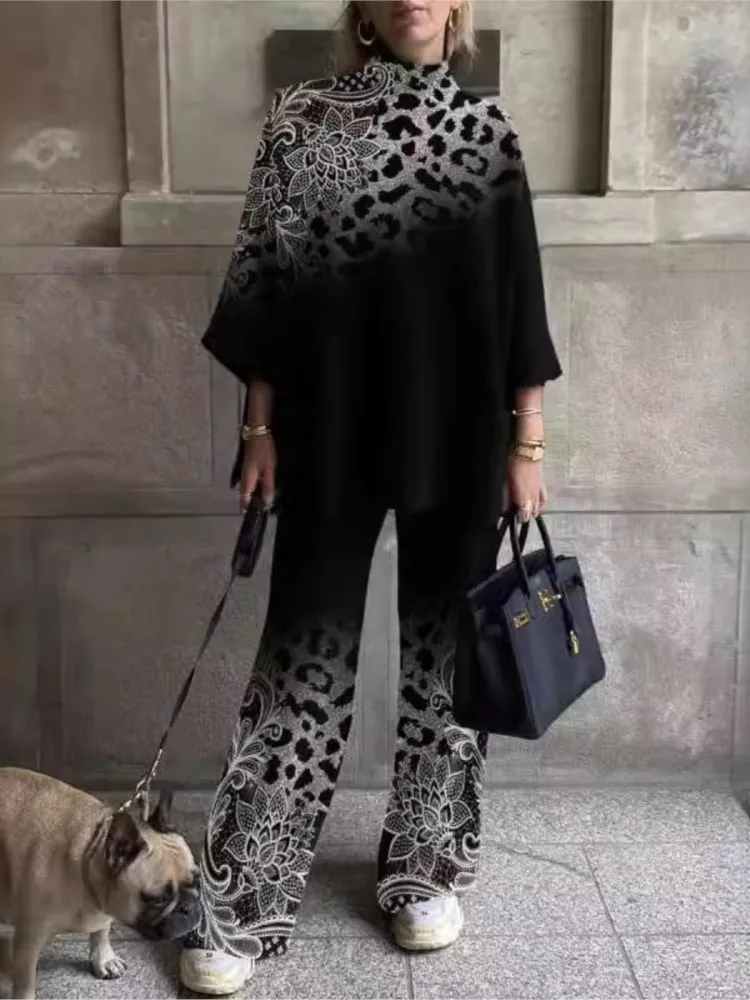 Vintage Printing Two Piece Set Women Leopard Pullover Tops Pants Elegant Suit Autumn Winter Black Streetwear Loose Sets Femme