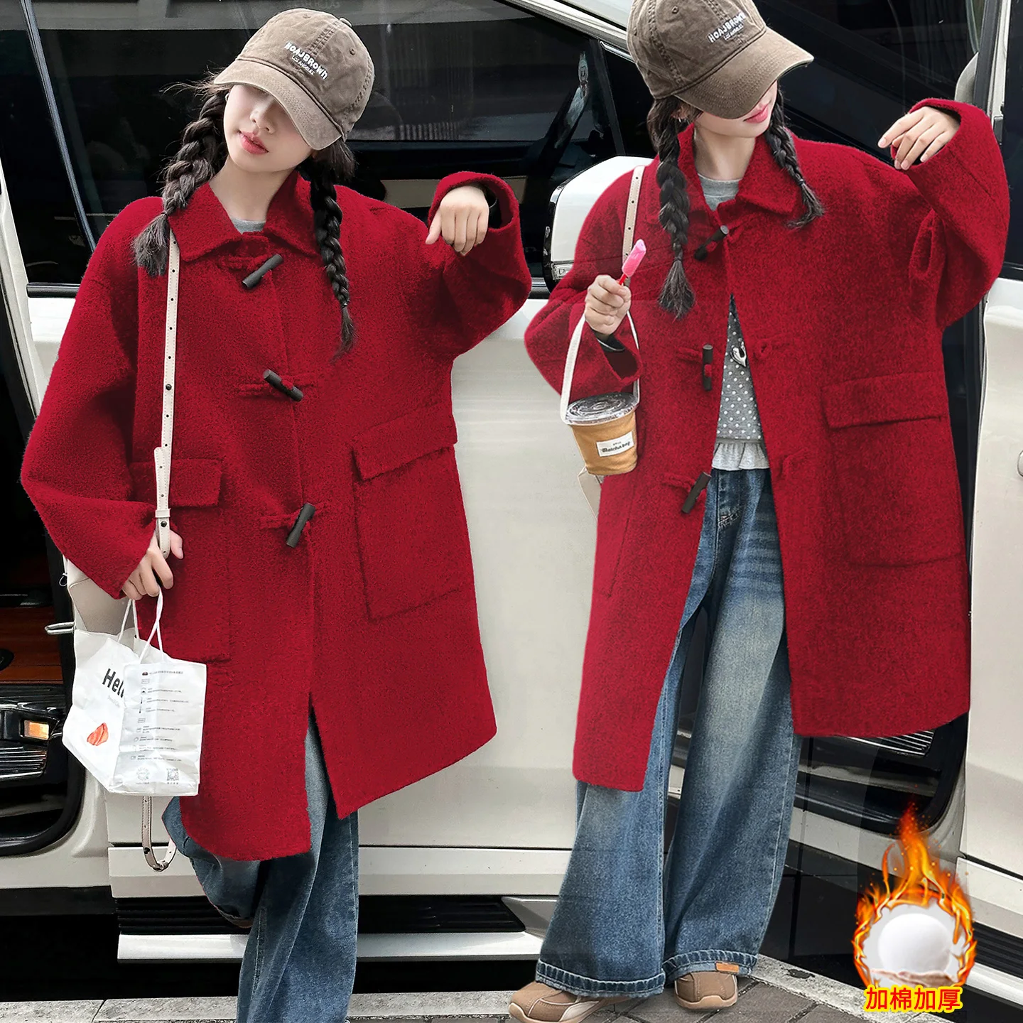 معطف خريفي وشتوي بأزرار على شكل قرن للفتيات المراهقات معطف صوفي ناعم باللون الرمادي والأحمر للأطفال الصغار معطف علوي دافئ الطول ملابس خارجية غير رسمية كبيرة للأطفال