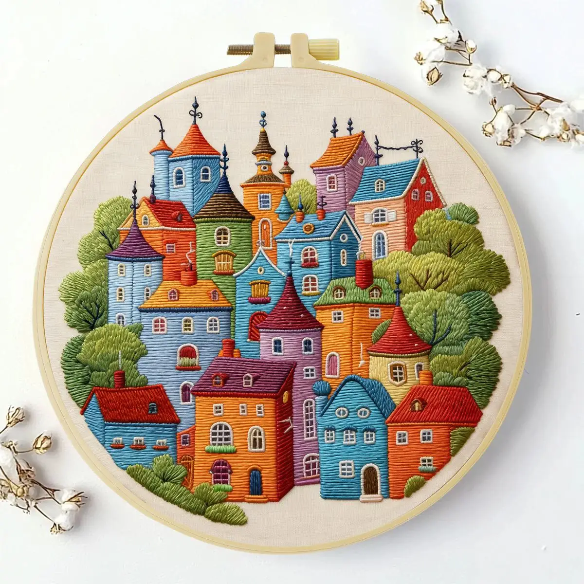 1 Stück 20X20CM/15X15CM 7,87/6,3 Zoll Buntes Haus Stickerei Starter-Kit DIY-Kit DIY-Stickerei-Set Handarbeiten Nähkunst – Detail 2