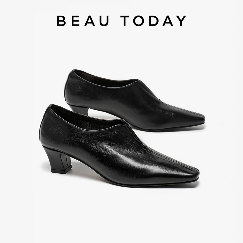 BEAUTODAY Fashion Pumps Women Calfskin Leather Pointed Toe Elegant Outdoor Commuter Ladies Shoes Handmade 15381