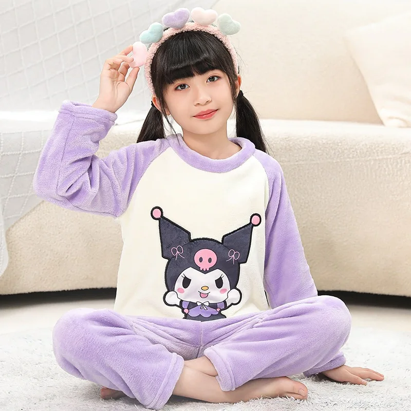 Sanrio Flannel Childrens Pajamas Set Hello Kitty Cinnamoroll Winter Thicken Winter Sleepwear Kid Pants Girl Christmas Loungewear