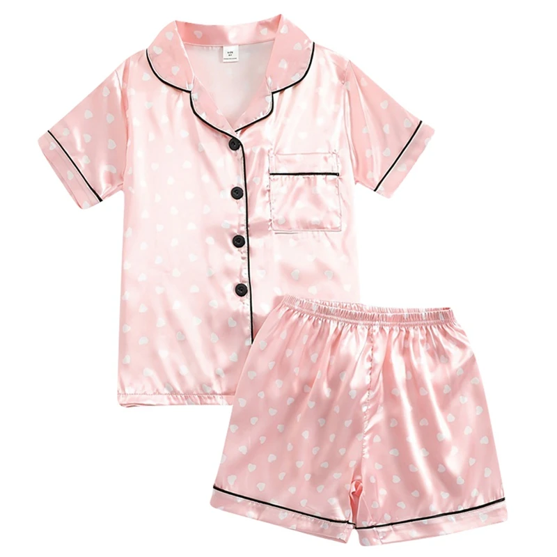 Girls Simulation Silk Short Sleeve Shorts Homewear Set Children Button Heart Lapel Pajamas 8-12 Years Old Children Pajamas Set