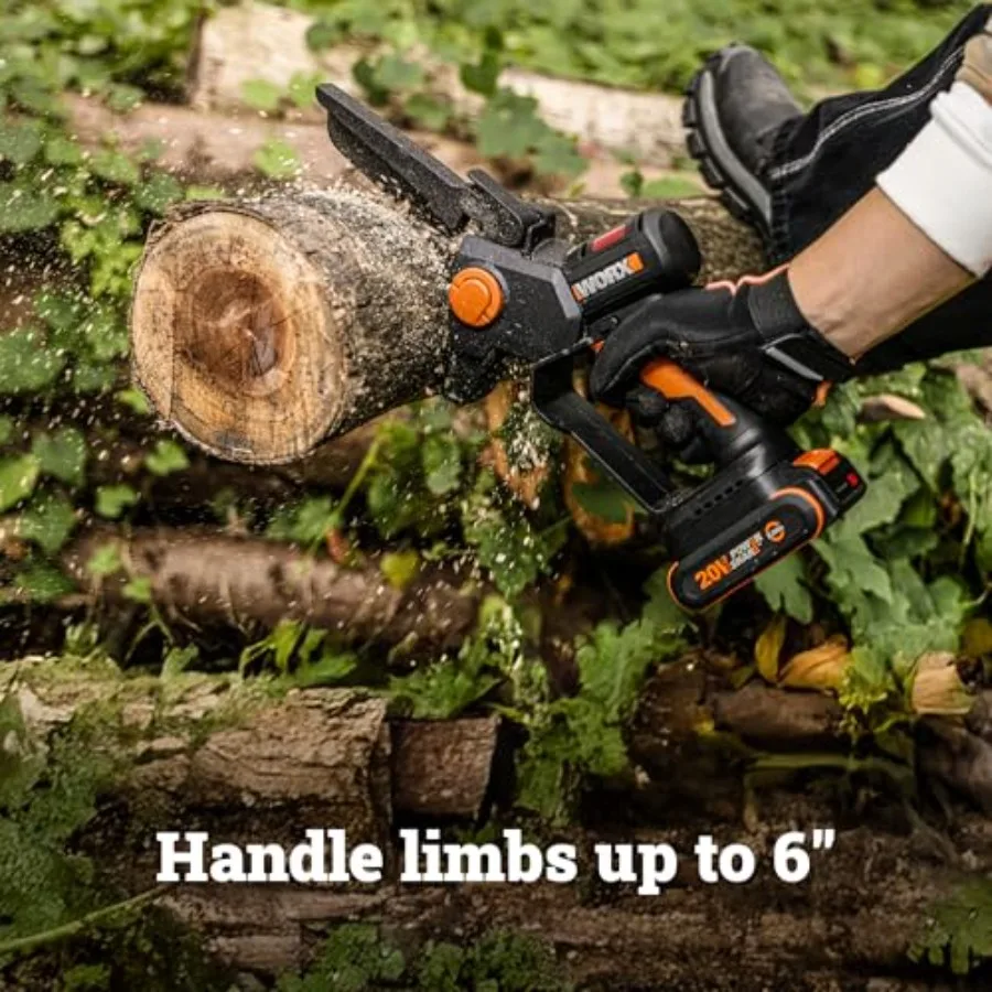 Cordless Mini Chainsaw for pruning, 20V 6-inch bar, lightweight plastic housing, black and orange, ultra-portable with instant
