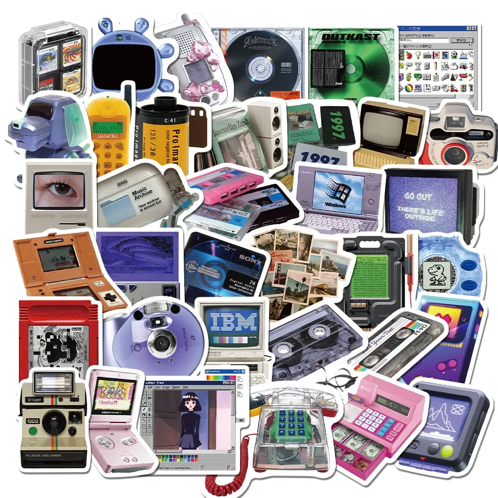 50PCS Vintage Phone CD Tape Stickers Retro Cartoon Equipment Decals Motorcycle Laptop Suitcase Notebook Waterproof Sticker Gifts