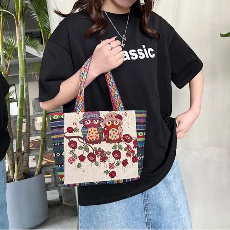 Retro Ethnic Style Women Tote Bag Owl Elephant Pattern Linen Boho Fashion Handmade Handbags Travel Beach Bag Casual Shopping Bag