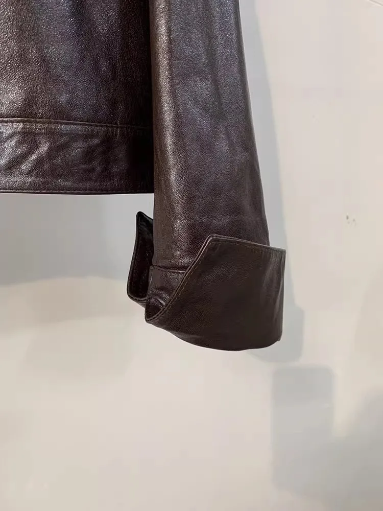Veste d'automne rétro en cuir véritable pour femme, simple boutonnage, cire d'huile, peau de mouton, Punk, manteau court, Streetwear, veste de moto décontractée