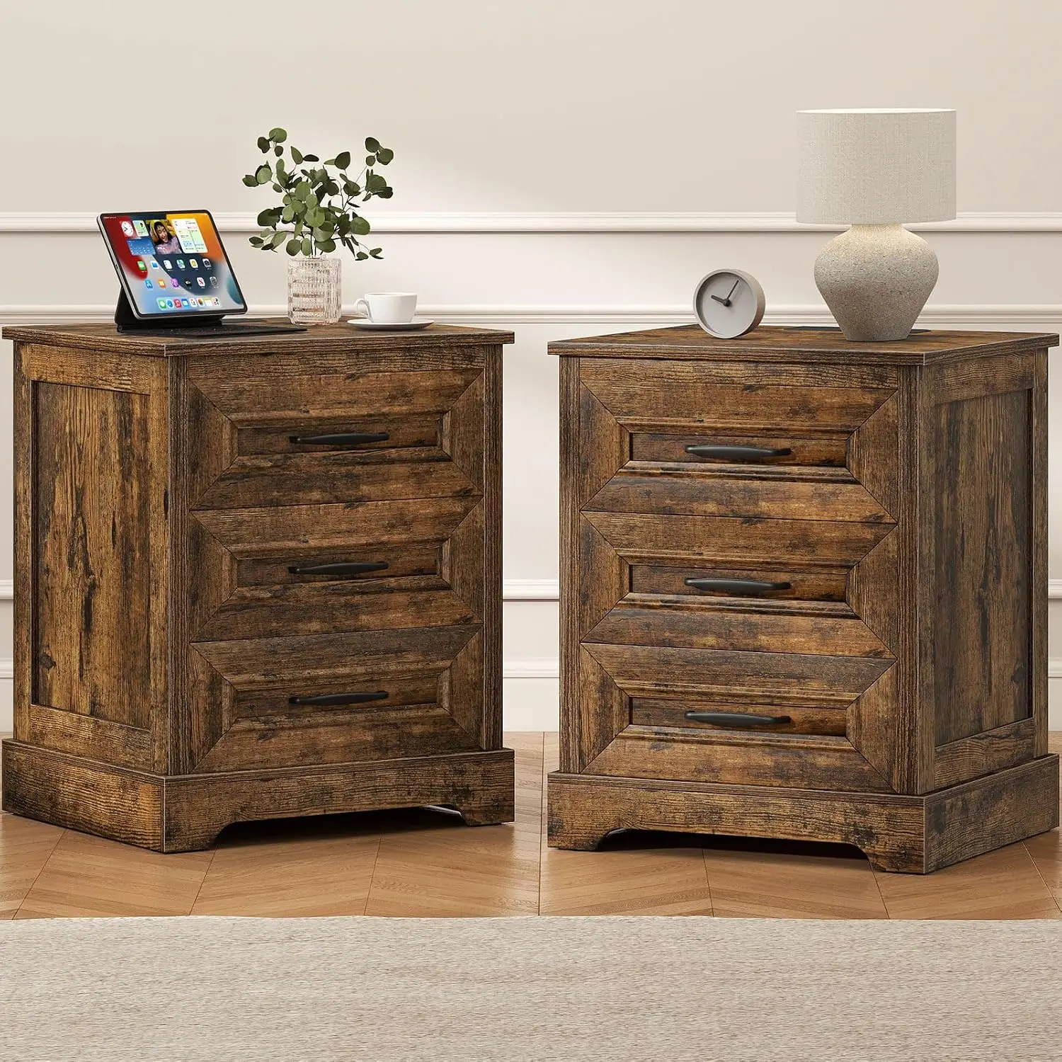 Farmhouse Nightstand Charging Station Wood Table Set of 2, 3 Drawer Storage, Bedroom Organizer, 18