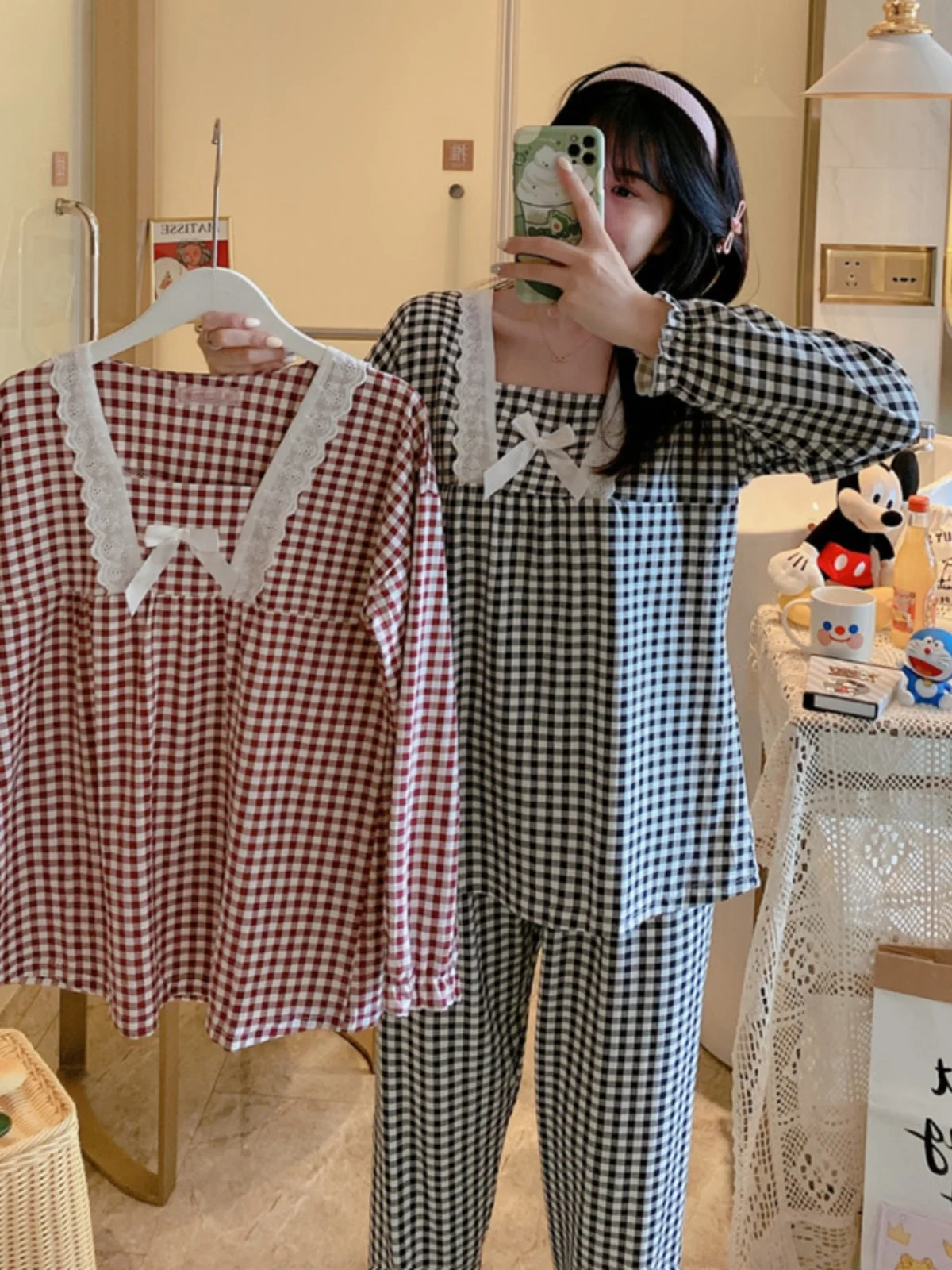 Korean Style Women's Sleepwear Sweet Princess Long Sleeve Loose Home Clothes Set Autumn Winter Plaid Print Comfortable Home Suit