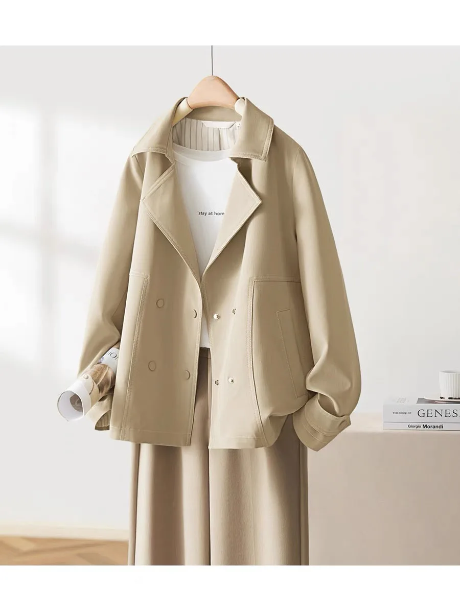 

Новинка весны 2025 года, короткая ветровка для женщин, двубортная свободная повседневная тонкая куртка цвета хаки, модная универсальная дорожная куртка