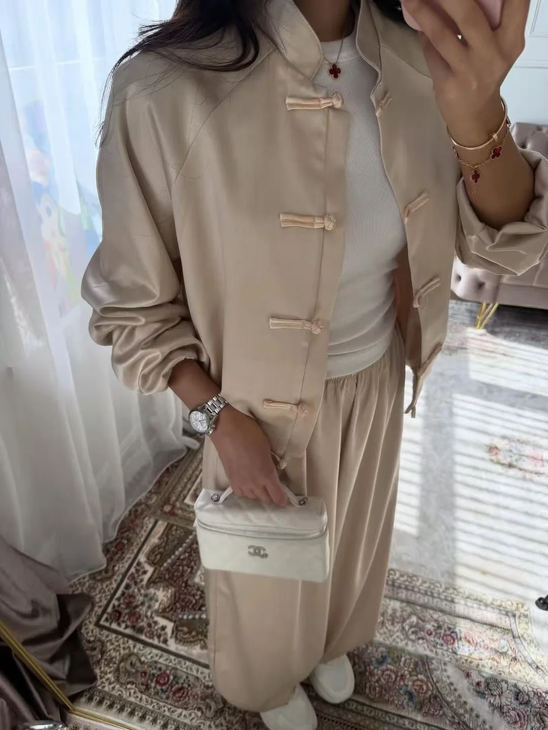 Casual Women's Satin Frog Buttons Jacket Pants Sets Stand Collar Mandarin Jacket Loose Lantern Pant 2026 Spring Lady Chic Suit