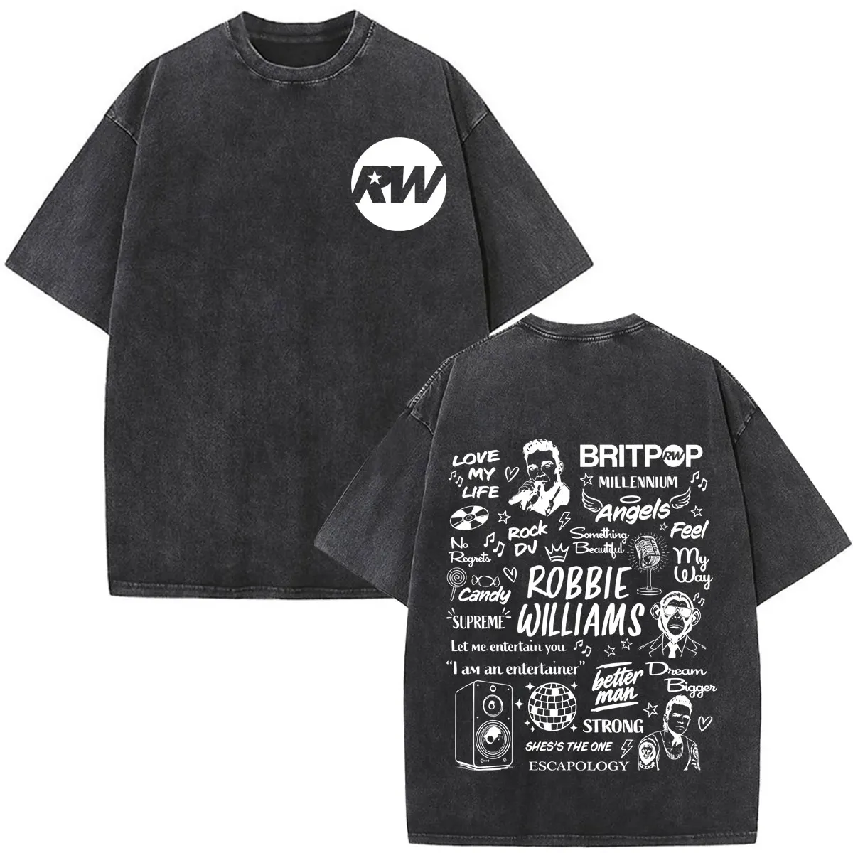 Robbie Williams Britprwp 2026 Tour Print Vintage Washed T Shirt Men's Women Fashion T-shirt Summer Cotton Casual Loose T-shirts