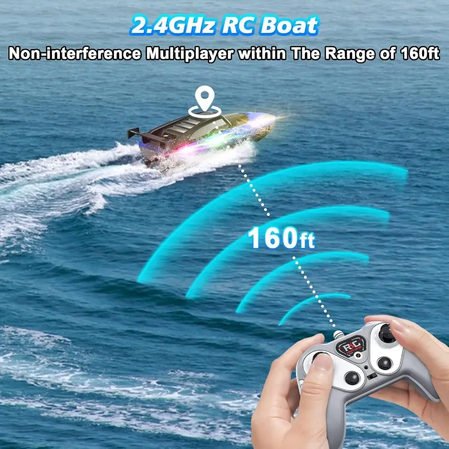 RC Boat with LED Lights, 2.4Ghz Full Size RC Boat, RC Boat for Pools and Lakes, 30 Minutes Run Time, Pool Toys