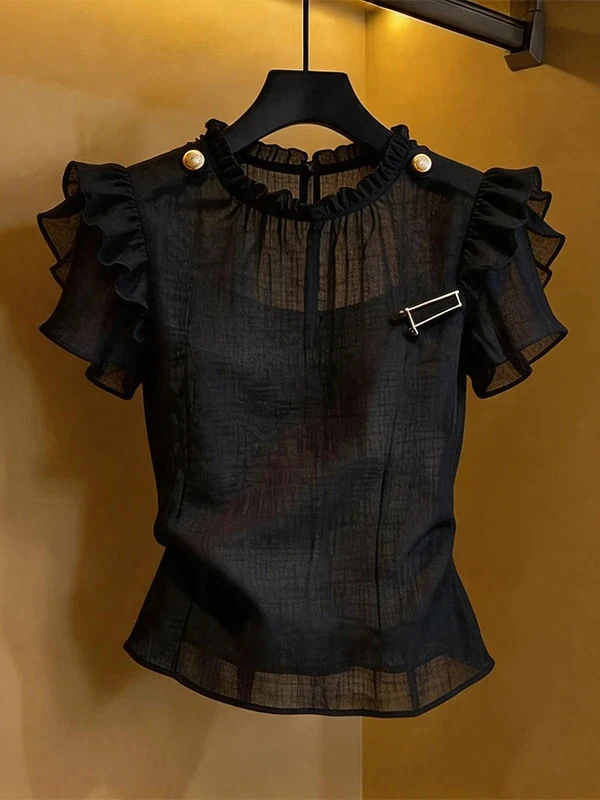 

Black Bubble Sleeve Shirt Women's Commute Style Vintage Design Large Size Summer New Fashion Elegant Quality Top