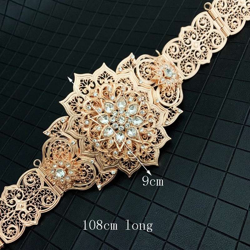 Rose Gold  Color Caucasus Traditional Waist Belts for Women Metal Sparkly Crystal Wedding Dress Waist Chains Wedding Sash