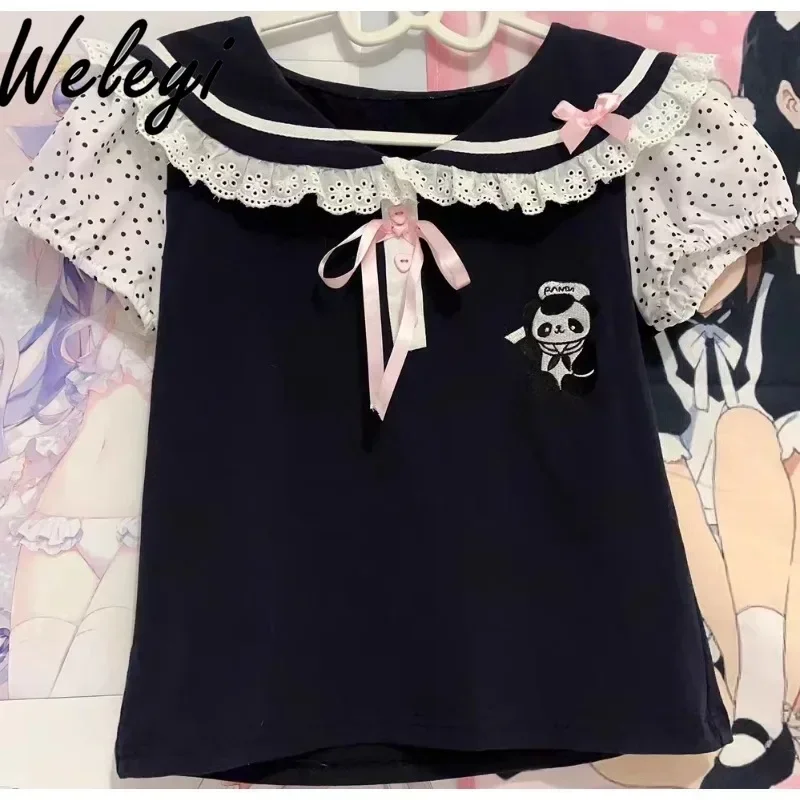 Japanese Polka Dot Cute Graphic Tee Tops Summer New Puff Short Sleeve Lace T-shirt Versatile Navy Col Claudine Camiseta Feminina