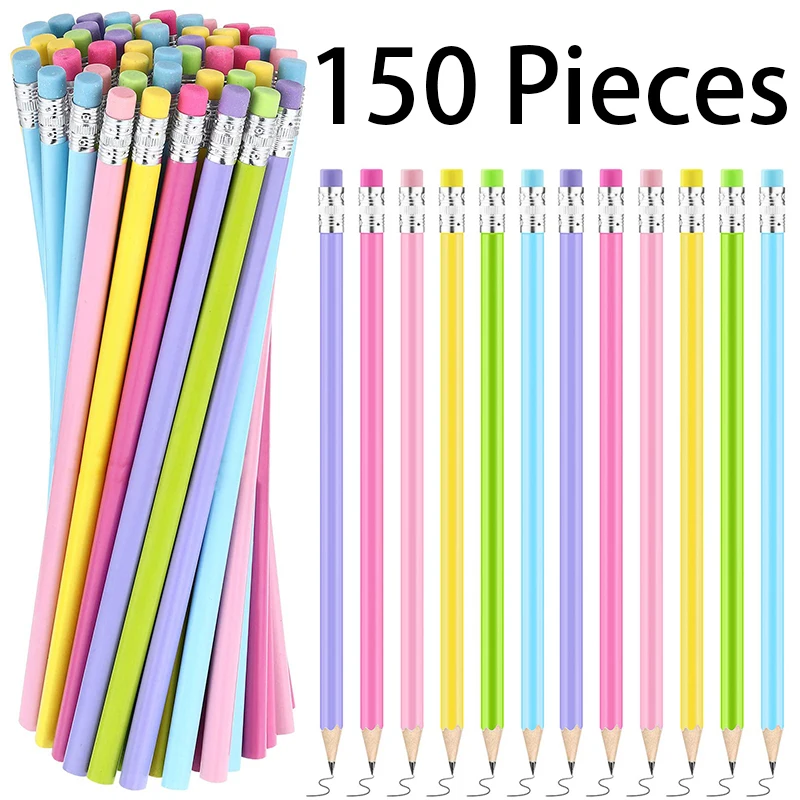 150 Pieces Triangle Pencils Wood Rubber Head Sketch Drawing Pen HB Pencil School Office Learning Stationery