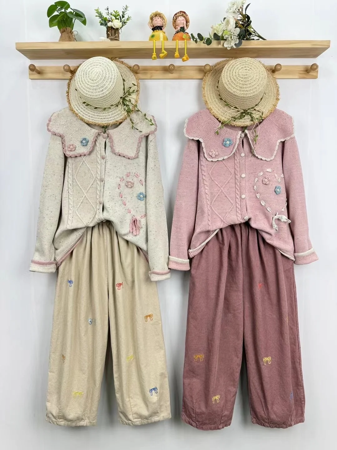 Pantaloni Larghi Casual con Ricamo e Nodo, Taglie Forti per Donna, in Cotone, Stile Primaverile Foresta Universitaria