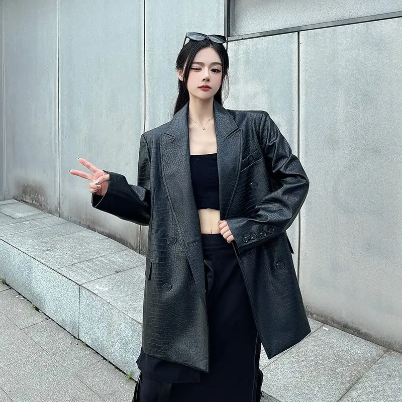 Women's Autumn Winter Jacket Tops Suit Crocodile Button Mid-length Lapel Loose Fashion Premium Design Leisure Simple Brand New