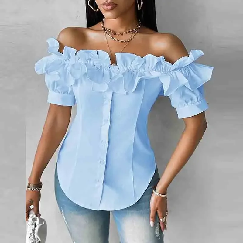 Chemisier d'été pour femmes, asymétrique épaule dénudée, chemise blanche, hauts Vintage, blanc, solide, élégant, boutons, pour femmes