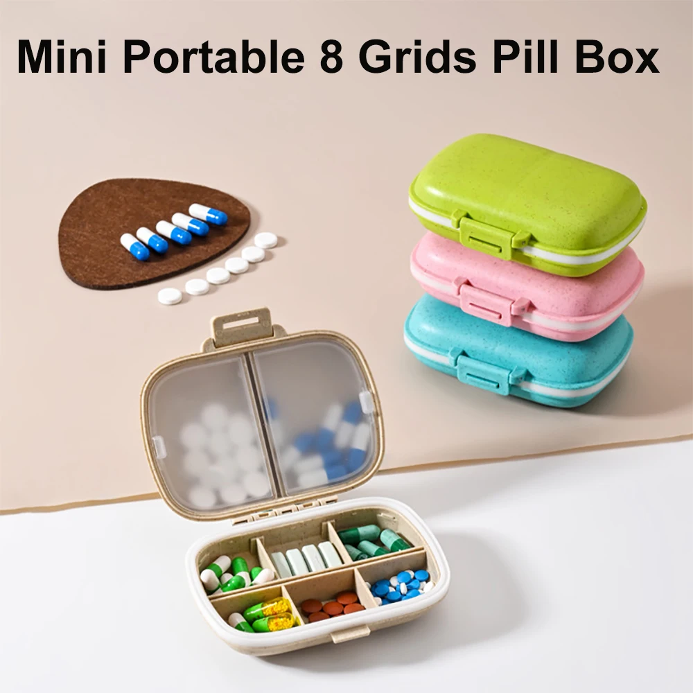 

Mini Portable 8 Grids Pill Box Travel Medicine Organizer Container Wheat Sealed Tablets Storage Dispenser Box for Medicines