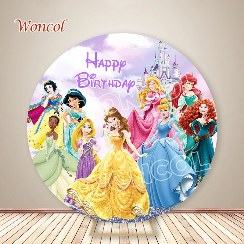 Disney Princess Round Backdrop Snow White Ariel Rapunzel Tiana Princess Birthday Backdrop Belle Aurora Cinderella Cylinder Cover