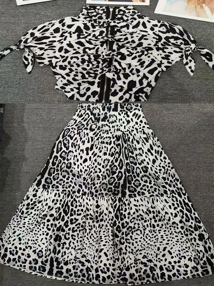 

Temperament Leopard print short shirt jacket spring and summer women's new two-piece high waist pocket hip skirt fashion suit