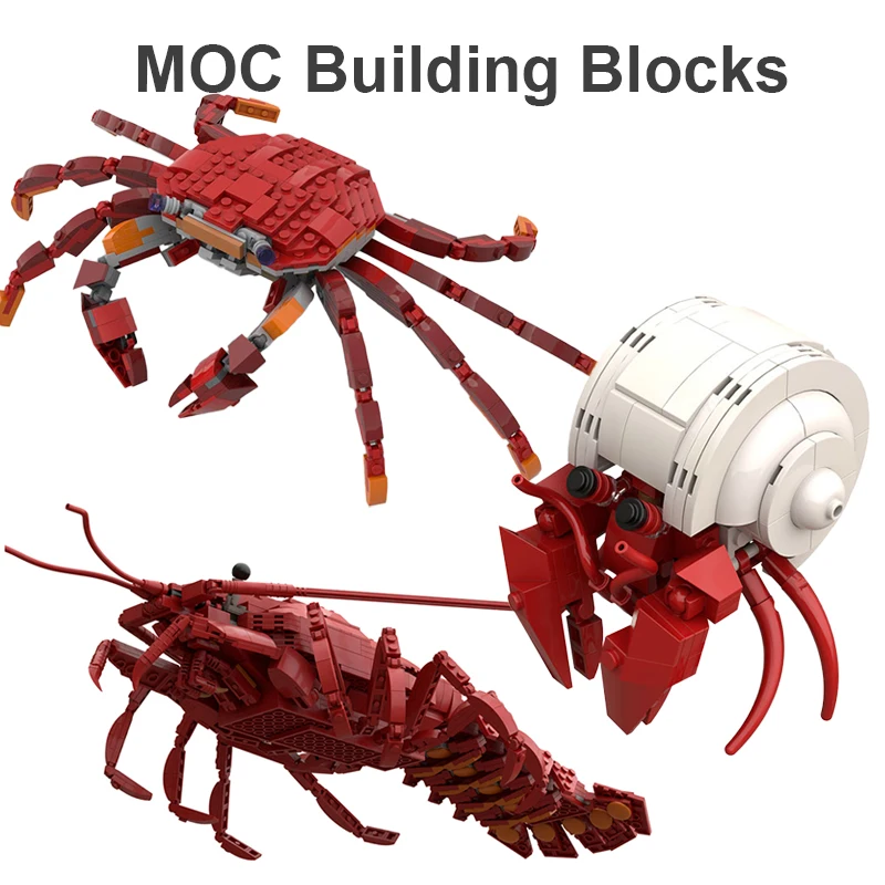 MOC اللبنات الحيوانية الإبداعية نموذج كبير جراد البحر الحجر الأحمر السلطعون مع المفاصل المفصلية لعبة بناء الطوب الجسيمات الصغيرة #4