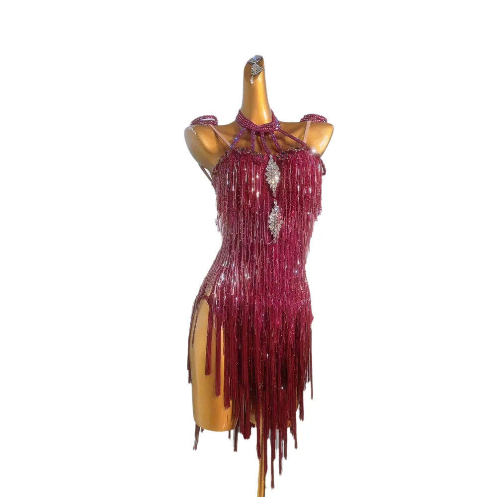 Latin Dance Costume High-end Custom Red Bead Tube Splicing Tassel Samba Art High Flash Rhinestone Flower Costume