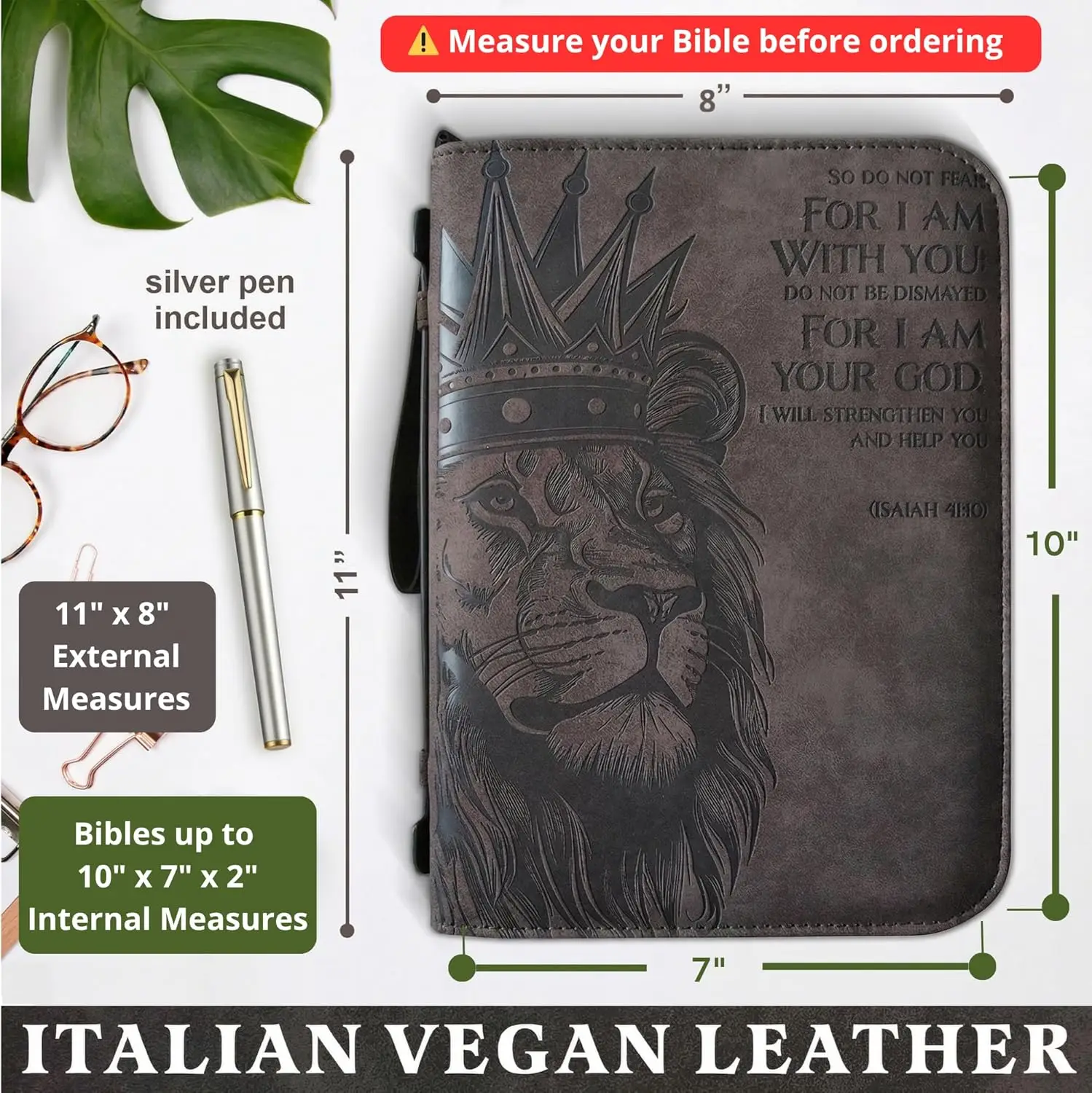 

| Lion of Judah Bible Cover for Men & Women | Large Vegan Leather Bible Case with Pen | Fits Thick Study Bibles up to 10" L x 7" W x 2" H | Christian Gifts (Gray)