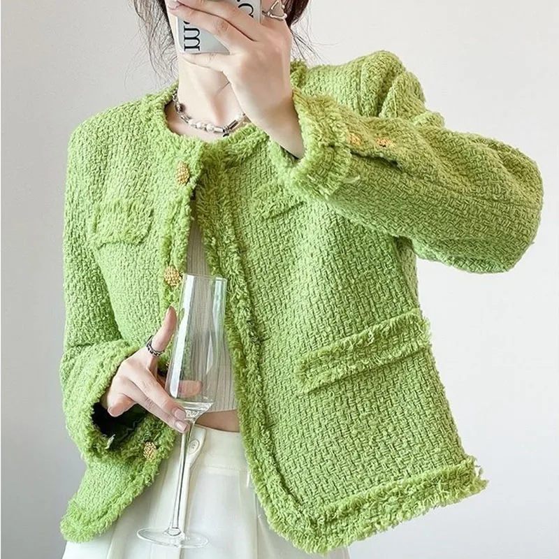 2024New Autumn Winter Tweed Jackets Women Elegant Green Blazers Korean Fashion O-Neck Small Fragrance Coat Outerwear Female Tops