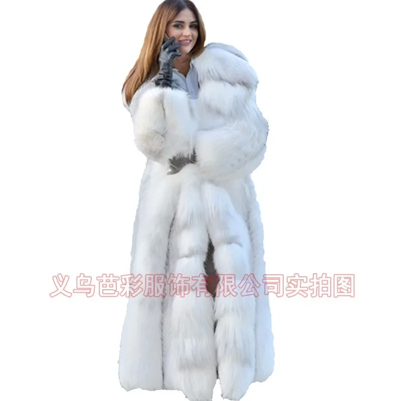 المرأة فو الفراء معطف Winterf موضة دافئة طويلة كبيرة الحجم معاطف بيضاء مقنعين الربط الثعلب الفراء سترة جديد 2025 ملابس أنيقة