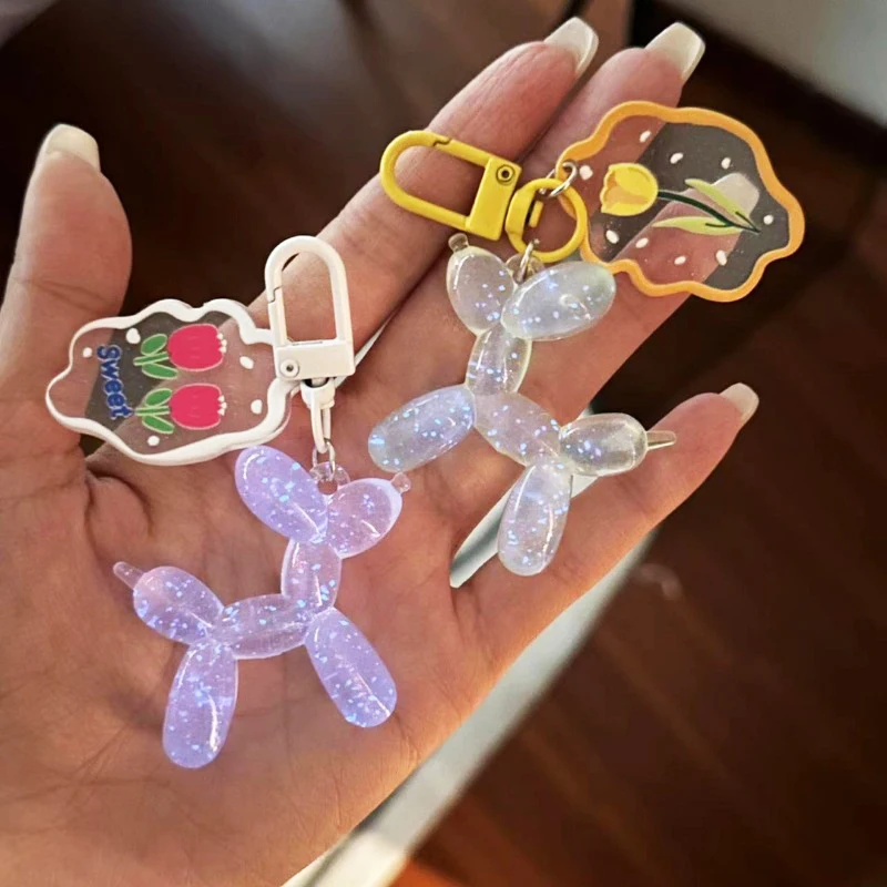 

Balloon Dog Keychain for Women Cute Cartoon Bag Decoration Glow In The Dark Puppy Key Chain with Flower Charms Girl Friend Gift