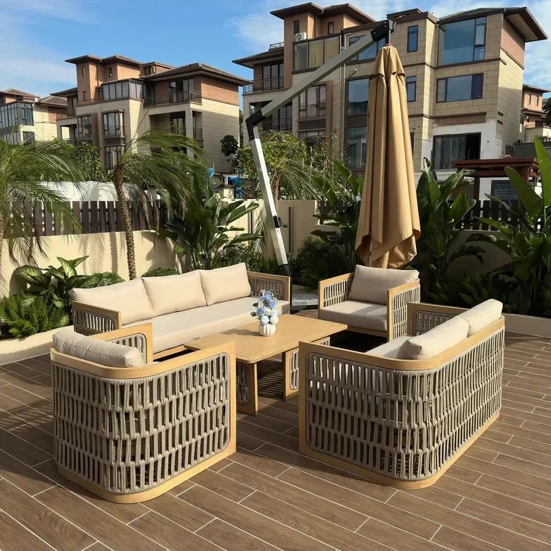 Modern Woven Rattan Sofa Set 3-Piece Outdoor Patio Garden Furniture with Teak Coffee Table
