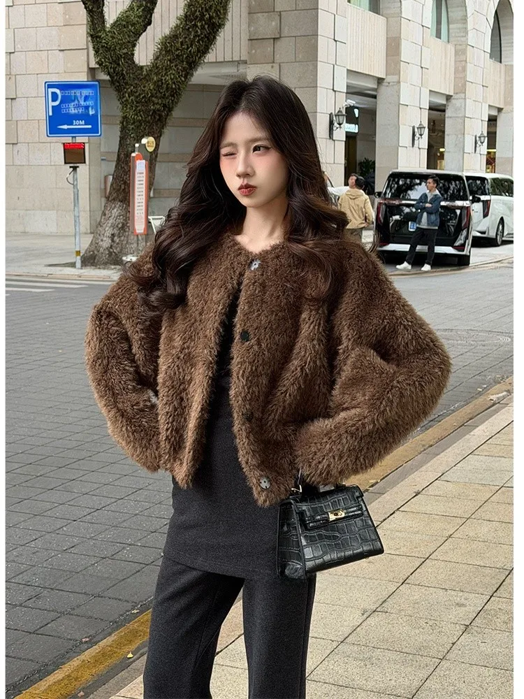 

Теплая плюшевая верхняя одежда свободного кроя, универсальная, молодежная, женская, повседневная, из полиэфирного волокна, короткое пальто на пуговицах с длинными рукавами