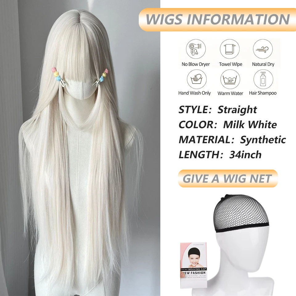 34inch Long Straight White Wig with Bangs Synthetic Cosplay Lolita Daily Party Natural Wig  For Women Daily Use Heat Resistant