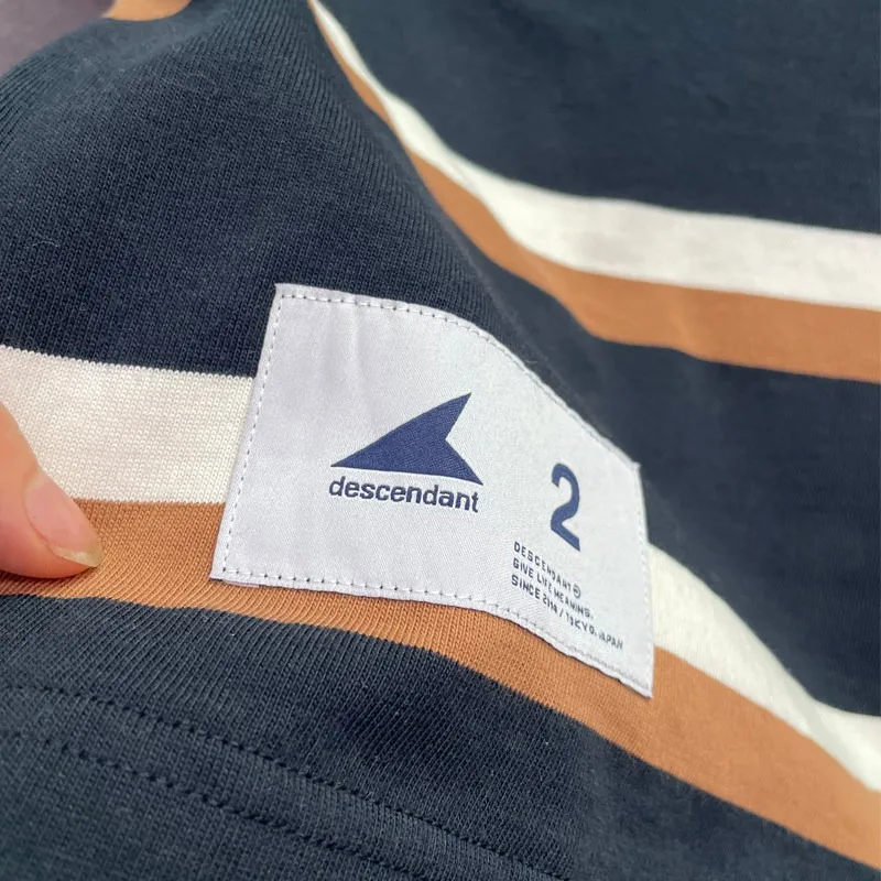 Japanese DESCENDANT Whale Printed Striped Short Sleeve T-shirt Men's Round Neck Loose Casual Trendy Tees