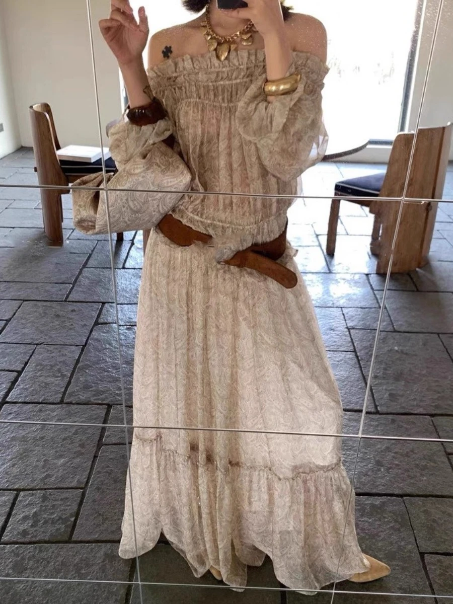 TWOTWINSTYLE Printing Spliced Folds Two Piece Sets for Women Slash Neck Long Sleeves Top High Waist Skirt Elegant Set Female New