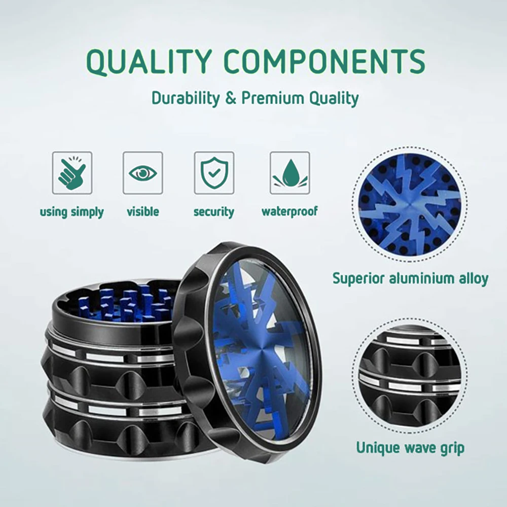 60mm Al Herb Grinder 4-parts Metal Spice Mills Transparent and Visible Skylight Tobacco Crusher Smoking Accessories for Smoker