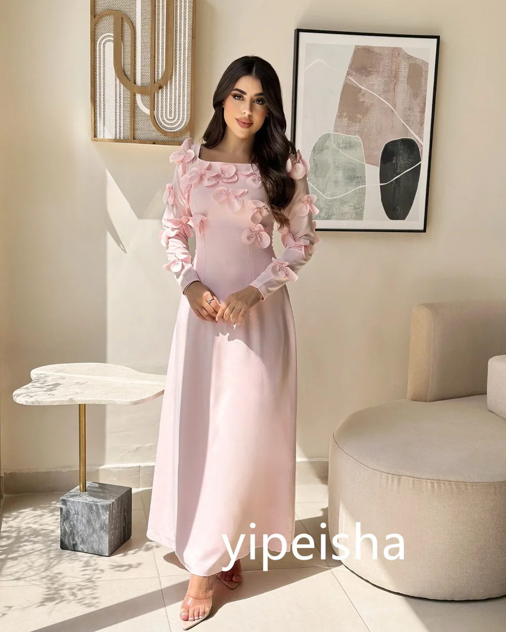 Customized Sparkle Jersey Pleat Flower A-line Square Neck Midi Dresses Prom  Classic Exquisite Modern Style Pastrol  Chinese 