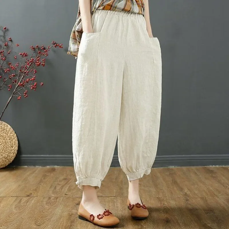 

Women's Cotton Linen Loose Feet Pants Retro Solid Color Elastic Waist Pocket Casual Harem Pants Street Long Bloomers