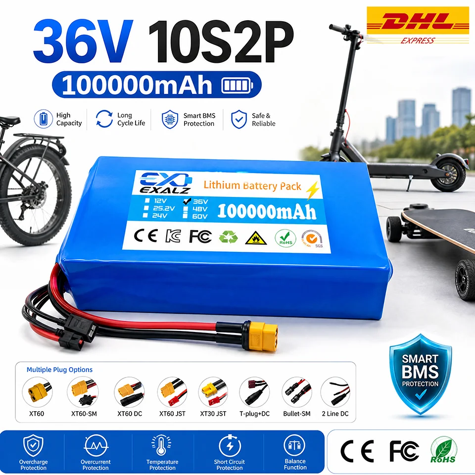 36V Hoverboard Scooter Battery 10S2P 100Ah 18650 Rechargeable Lithium Pack for Skateboard Ultra Thin BMS XT60 Plug