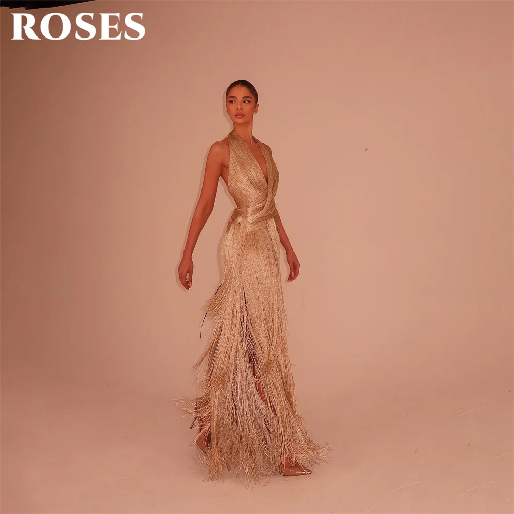 ROSES Champagne Party Dresses Halter Neck Sleeveless Evening Dresses with Tassel A Line فساتين السهرة for Wedding Customized - view 3