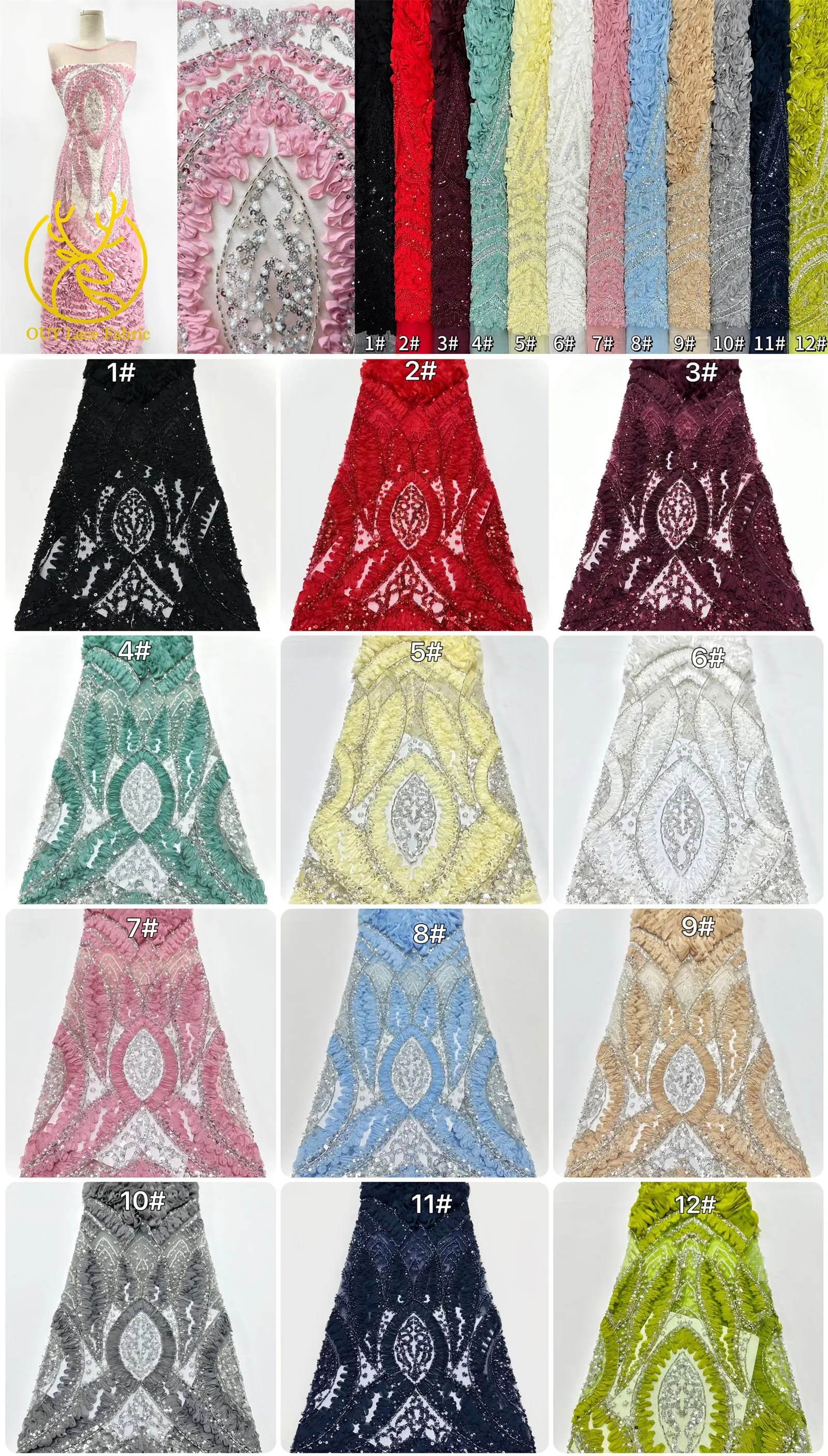 Newest Elegant African Heavy Beaded 3D Lace Tulle Fabric 2025 French Sequins Embroidery Lace Fabric For Dress Wedding Material