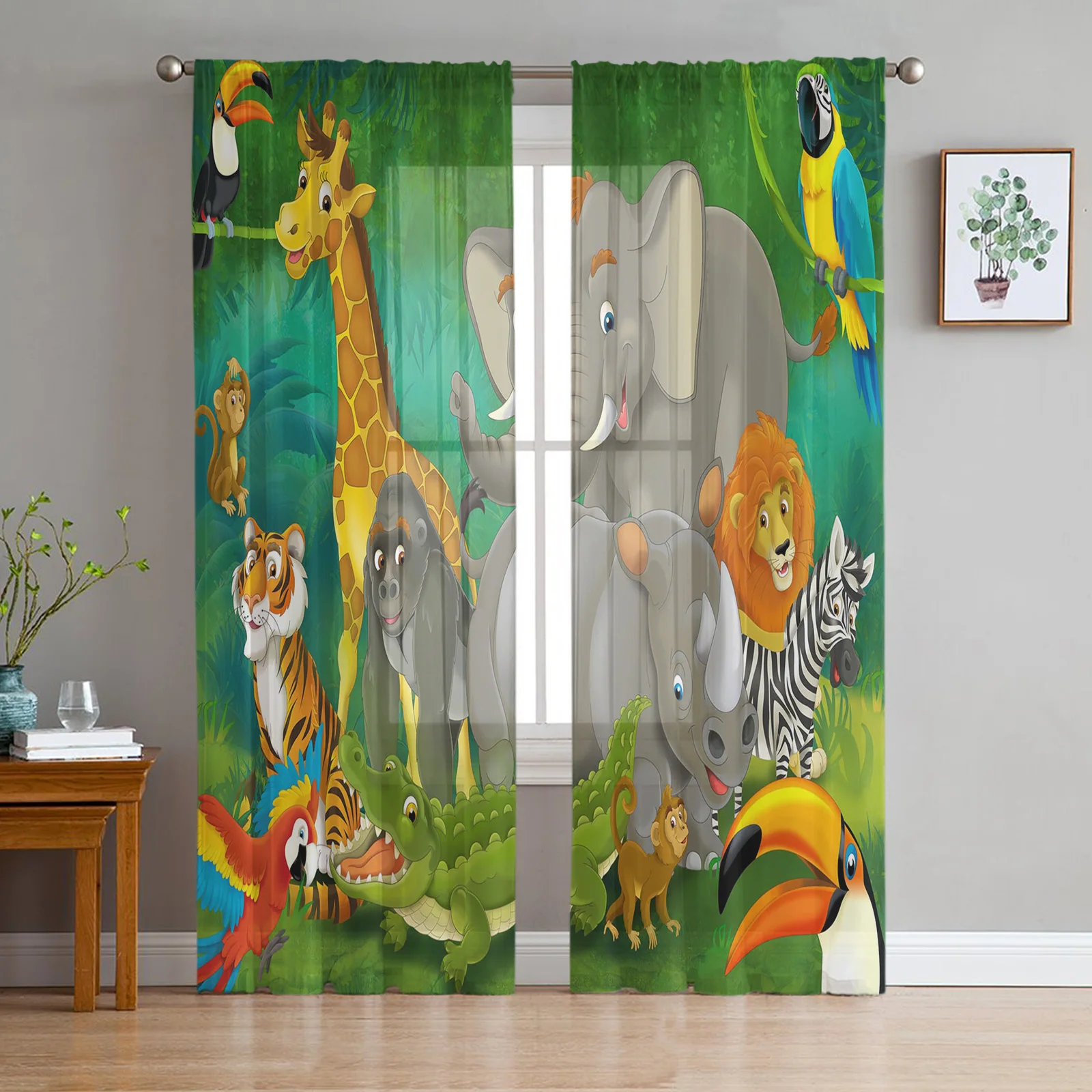 Jungle Cartoon Animal Lion Zebra Sheer Curtains for Living Room Child Bedroom Tulle Curtains Kitchen Window Treatments 2 Panels