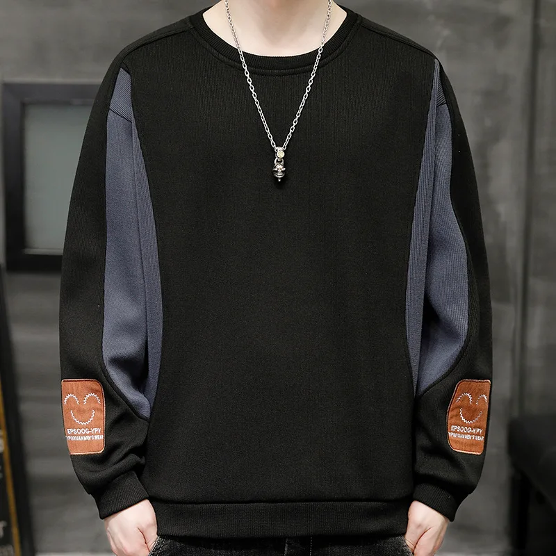 Men Spring Autumn Heavyweight Spliced Crew Neck Sweatshirt Trendy Versatile Basic Long Sleeve Casual Male Pullover Tops