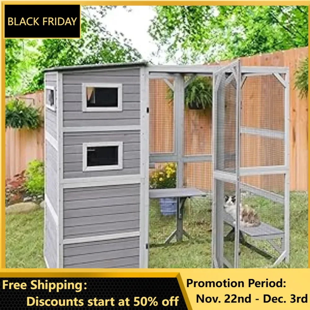 Cat House, Cat Enclosure Outdoor Wooden Cat House Large Catio Vertial Kitten Kennel Cats Cage 4 Tiers 77